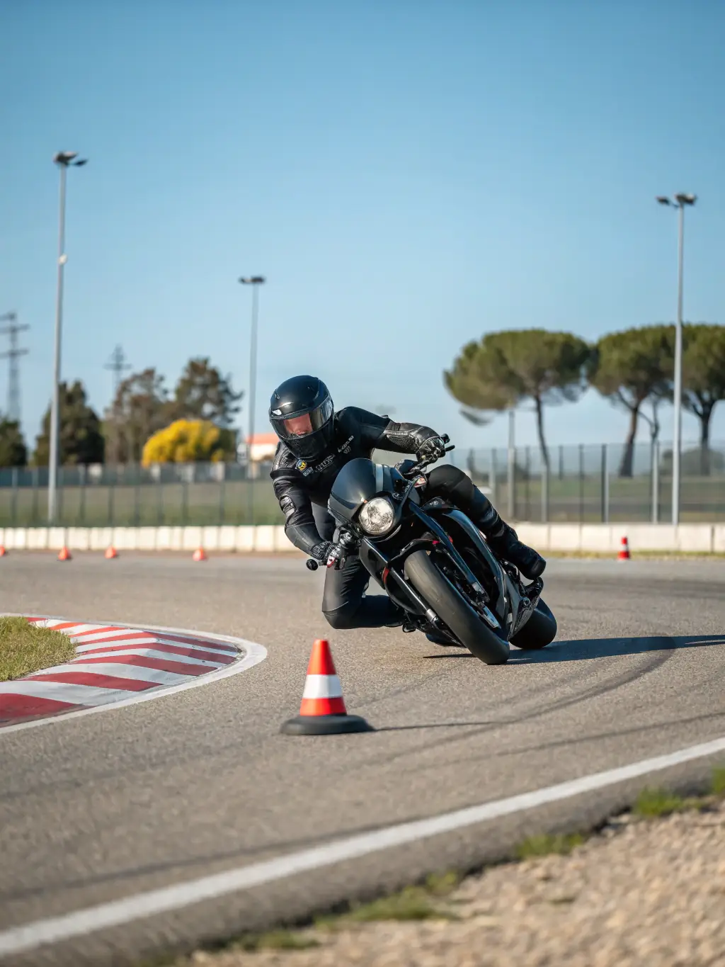 An action shot of TEAM ALPIN RIDERS members participating in an advanced motorcycle skills workshop, showcasing techniques for cornering and maneuvering.